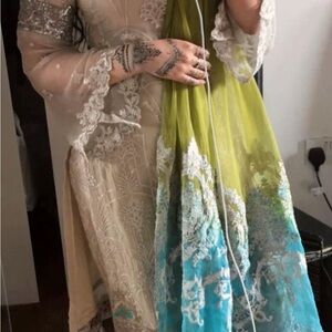 Elegant Beige and Green Embroidered Long Sleeve Dress